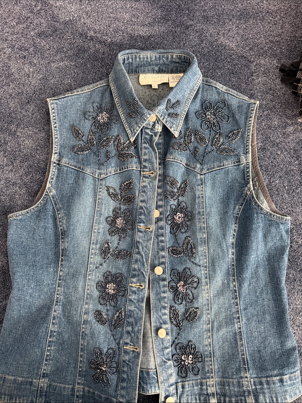 Worn-In Blue Embroidered Denim Vest - Super Cute beaded denim vest